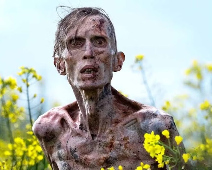 28 years later header - a desiccated zombie rises in a fields of flowers