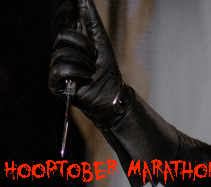 Announcing the 2023 Hooptober kickoff! Bloody letters announce it with a leather gloved hand holding a knife in the background